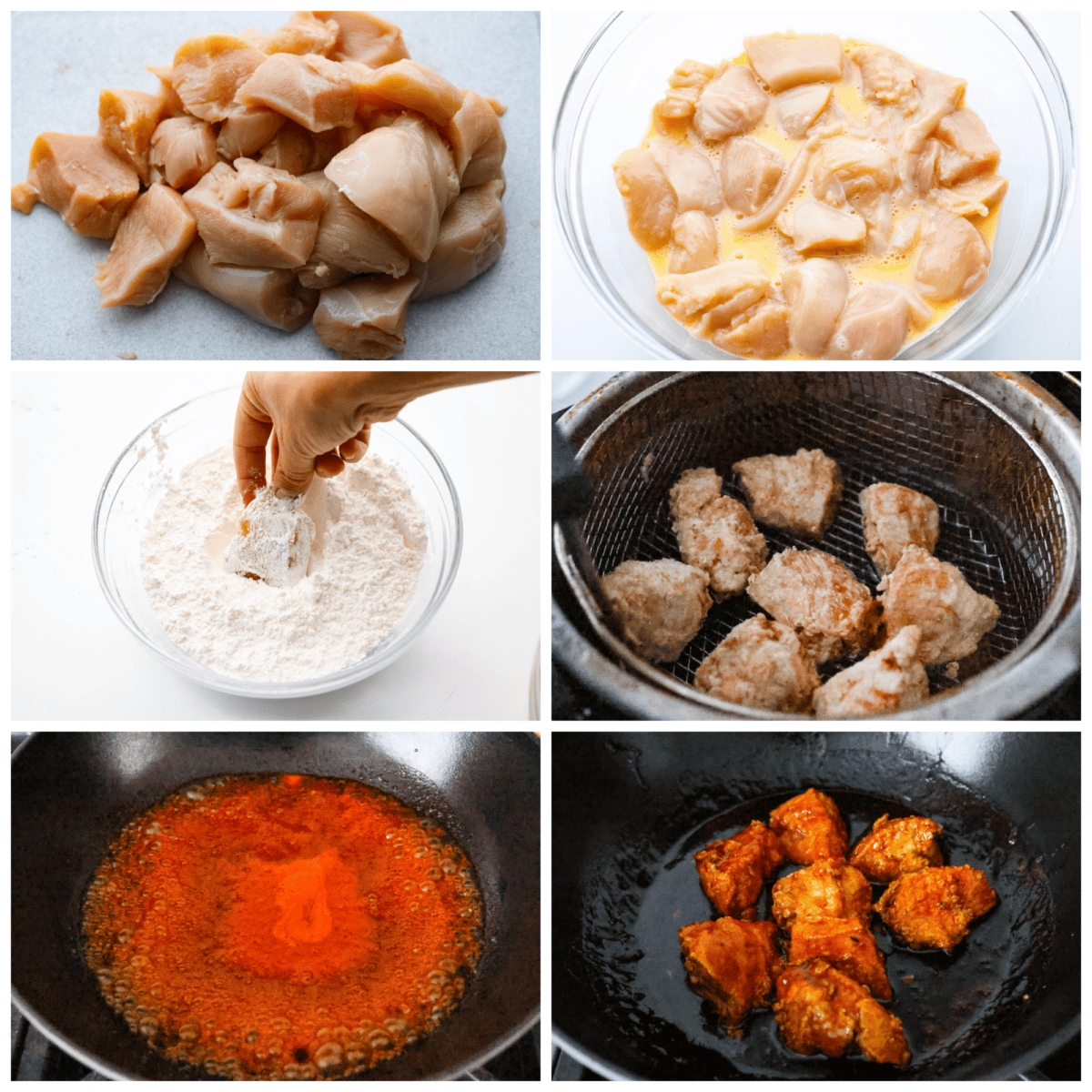 6-photo collage of the chicken pieces being battered and fried.