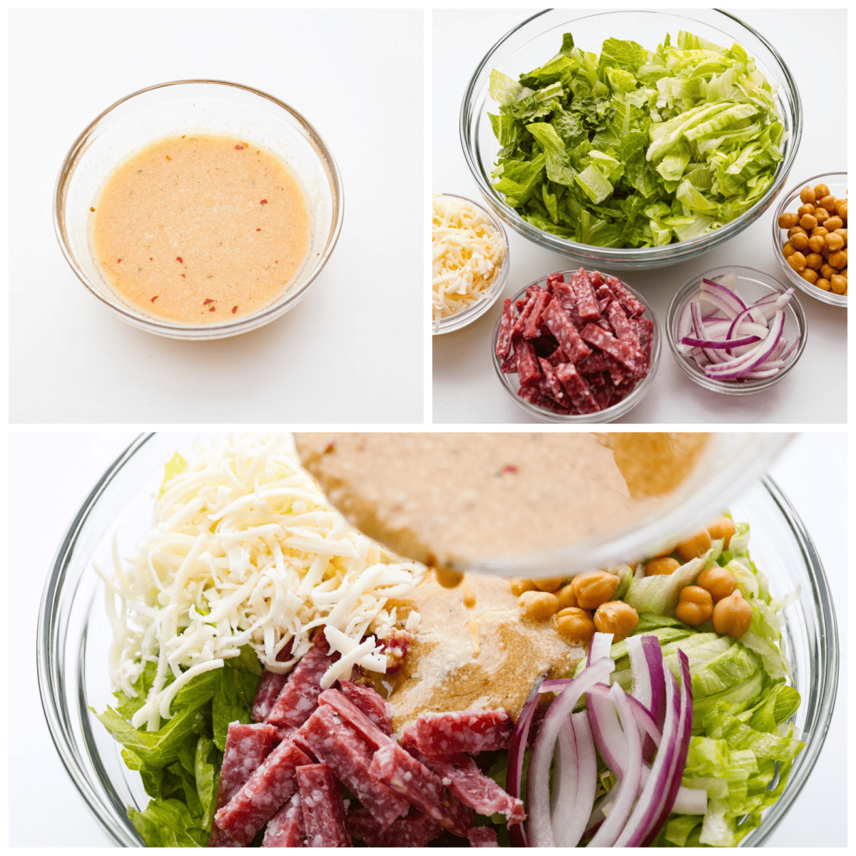 3-photo collage of the dressing and salad ingredients being prepared.