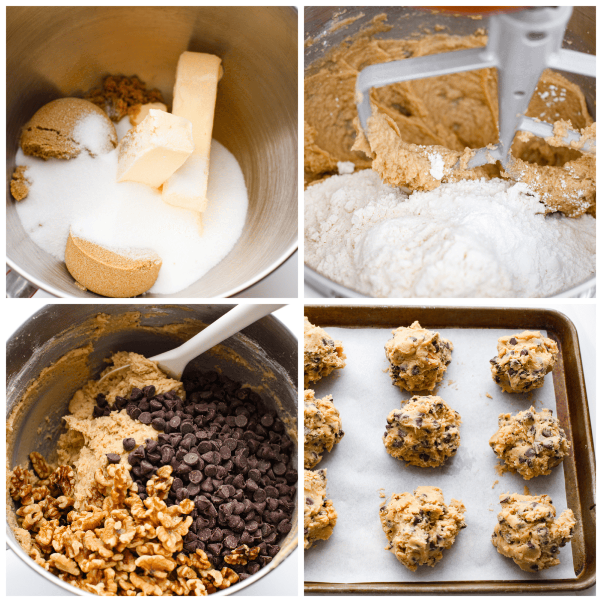 4-photo collage of the cookie dough being mixed together.