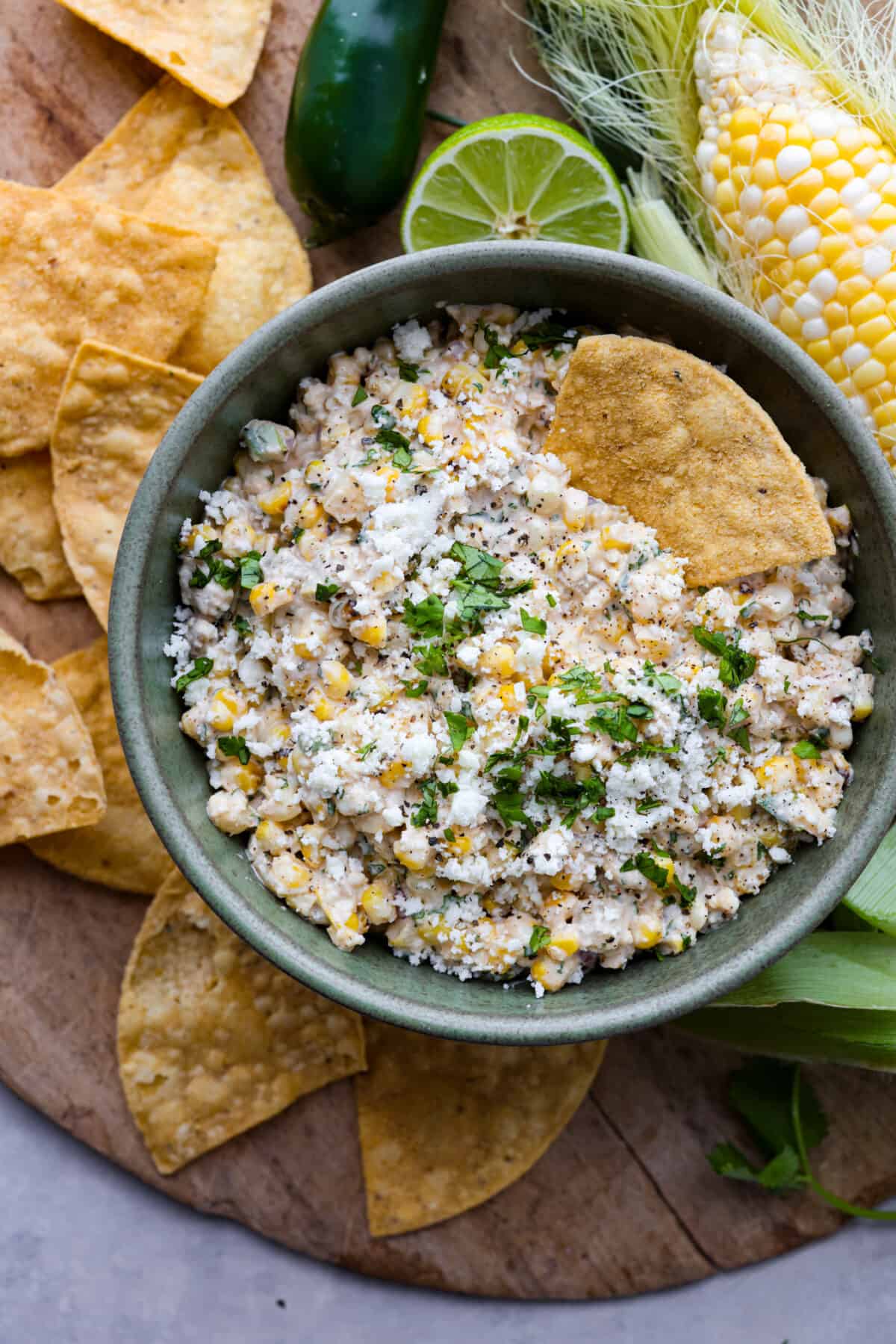 The top view of a bowl of Mexican Street Corn Dip 