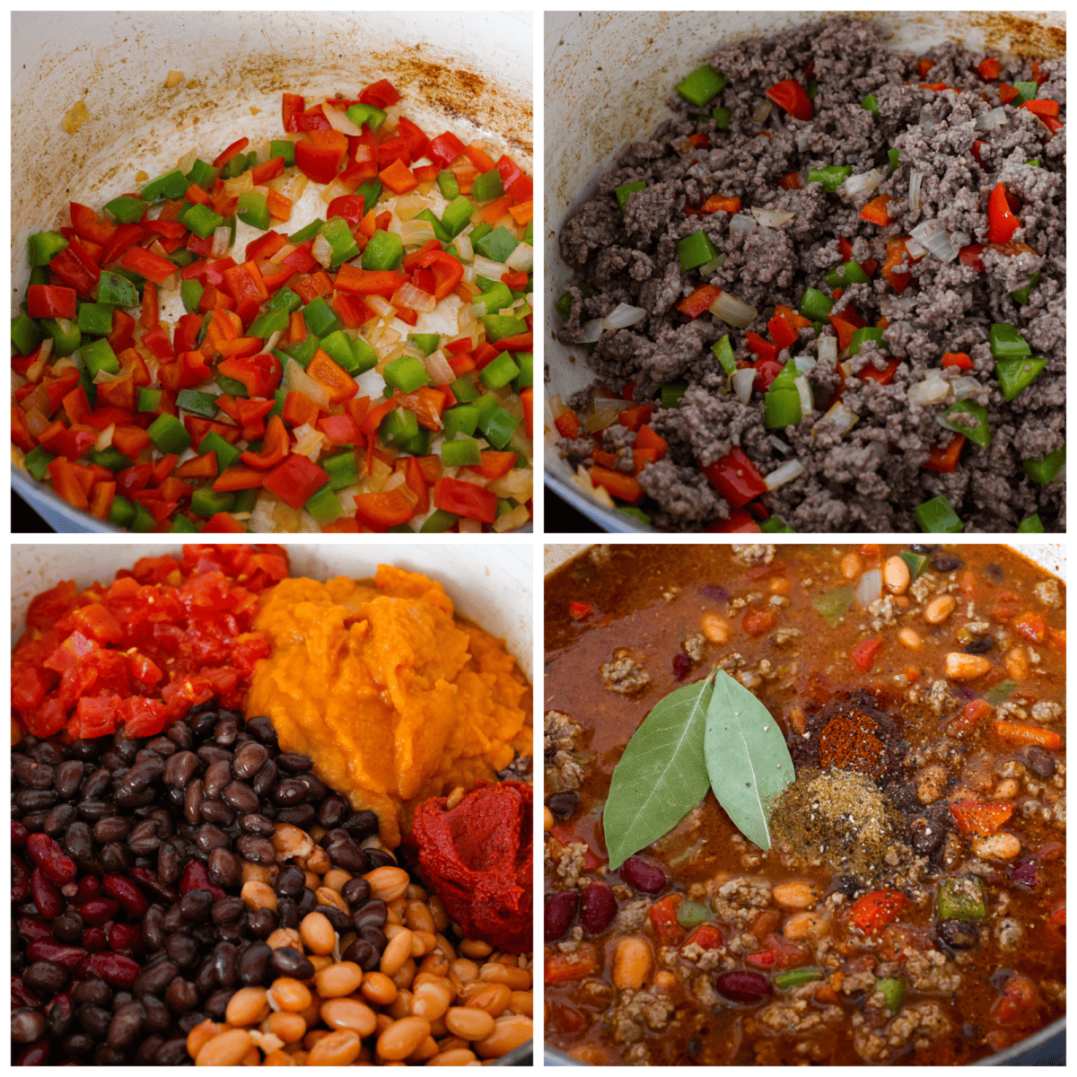 4-photo collage of chili ingredients being combined.