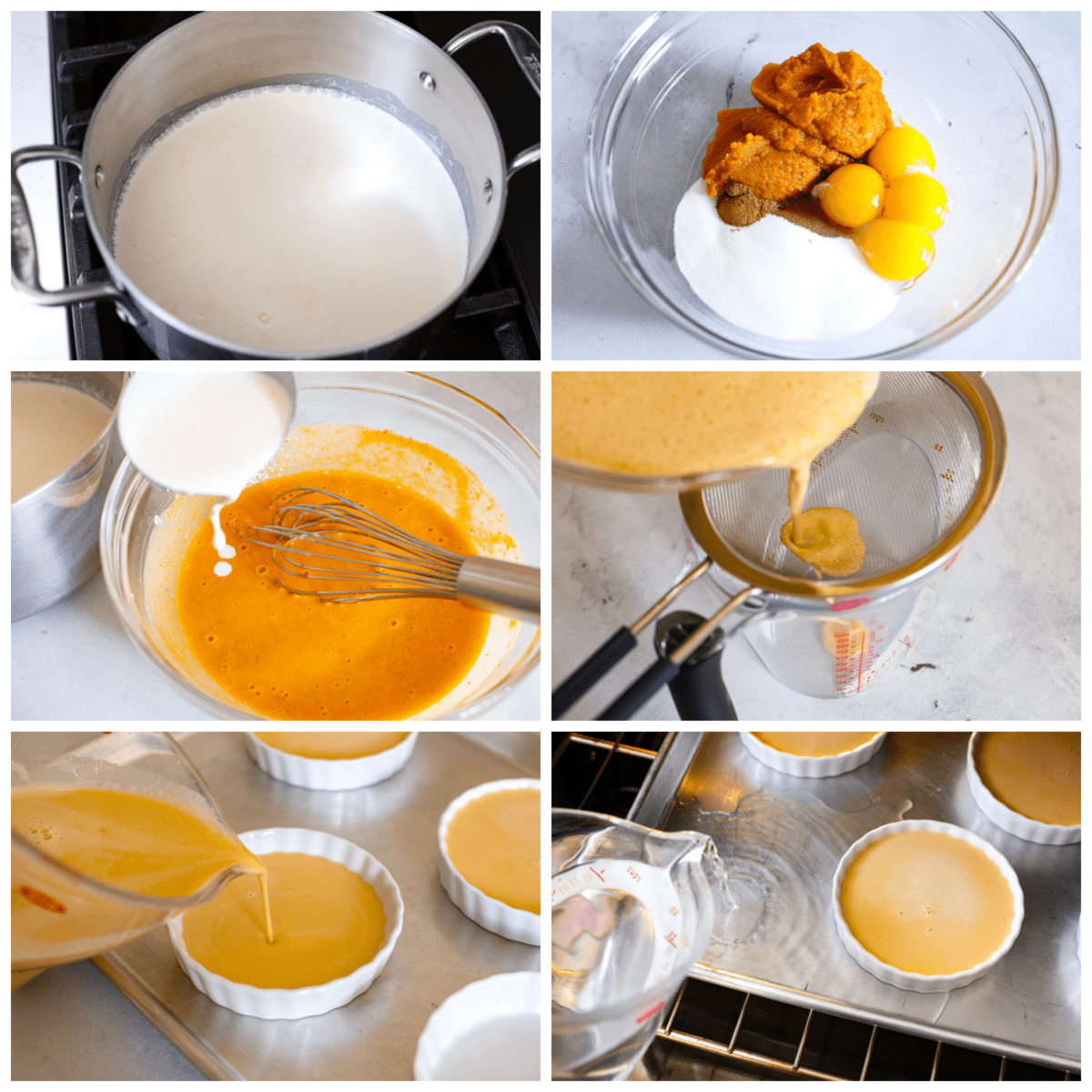 First photo of cream heating on the stove. Second photo of the pumpkin, sugar, egg yolks, and cinnamon in a bowl. Third photo of the hot cream added to the pumpkin mixture. Fourth photo of the custard being strained. Fifth photo of the custard pouring into the ramekins. Sixth photo of the water pouring around the ramekins on a cookie sheet. 