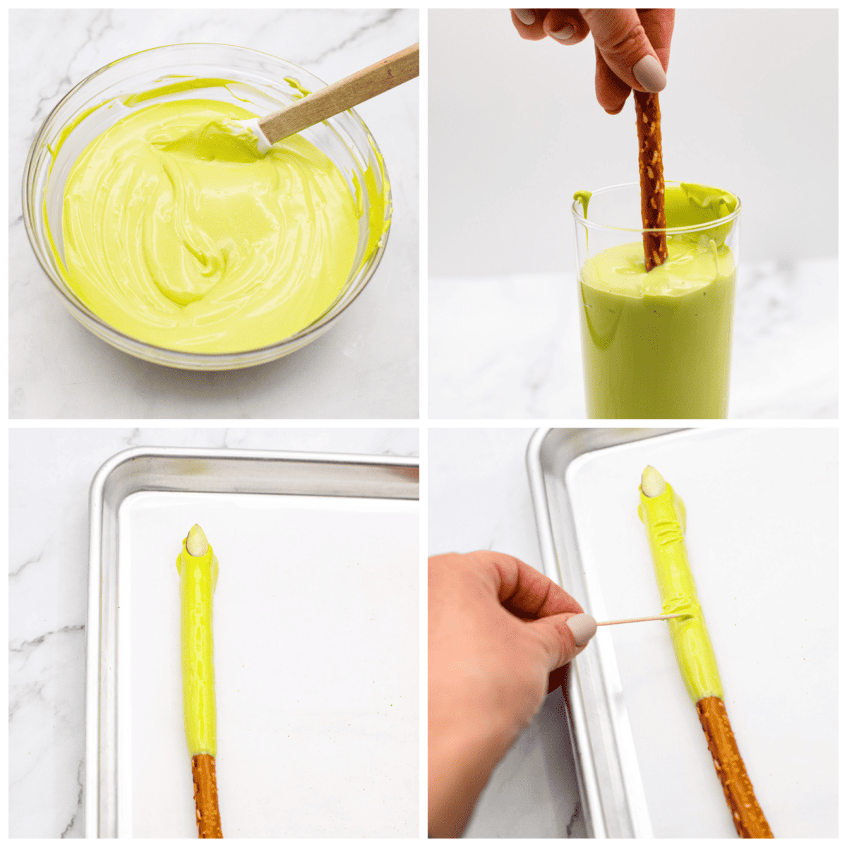 A collage of 4 pictures showing how to dip the pretzel rod in the candy melt and decorate them. 