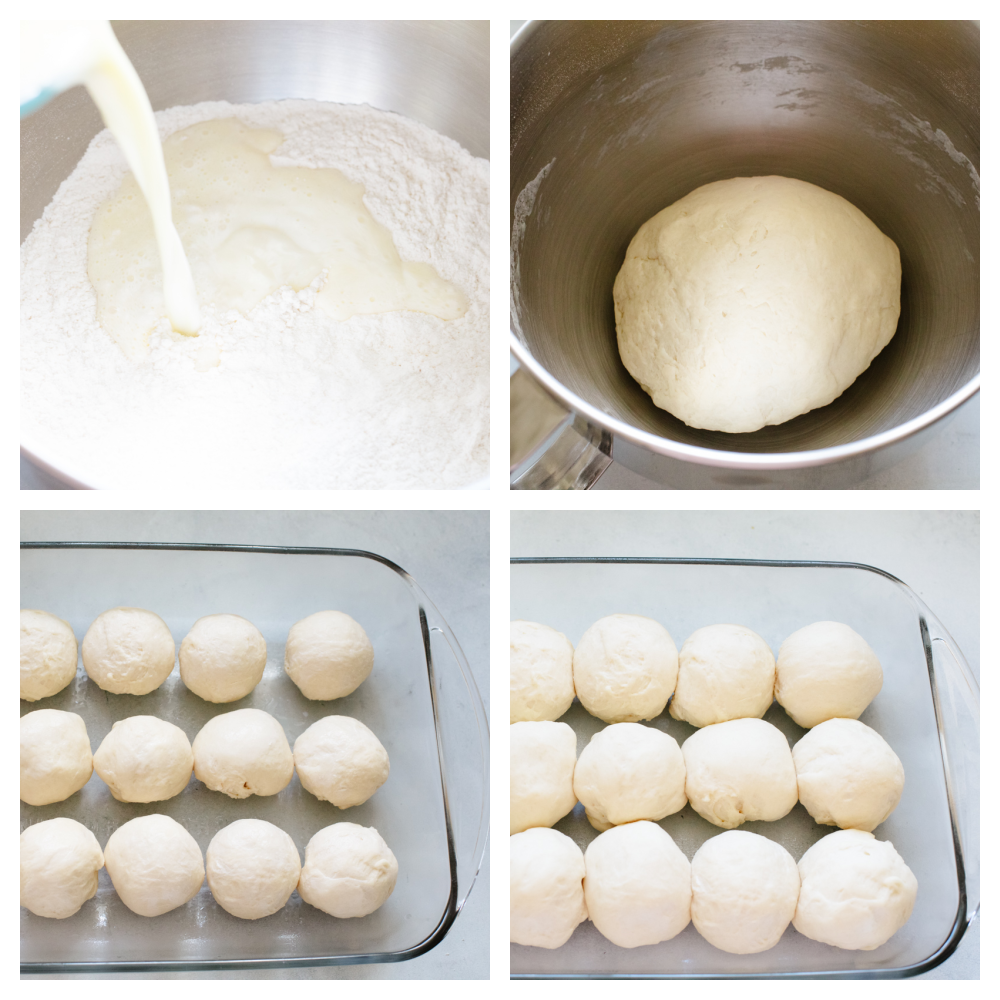 First process shot of preparing the roll dough. Second process shot of the dough rising in the bowl. Third process shot of the rolls in a pan. Fourth process photo of the rolls raised in a pan and ready to bake.