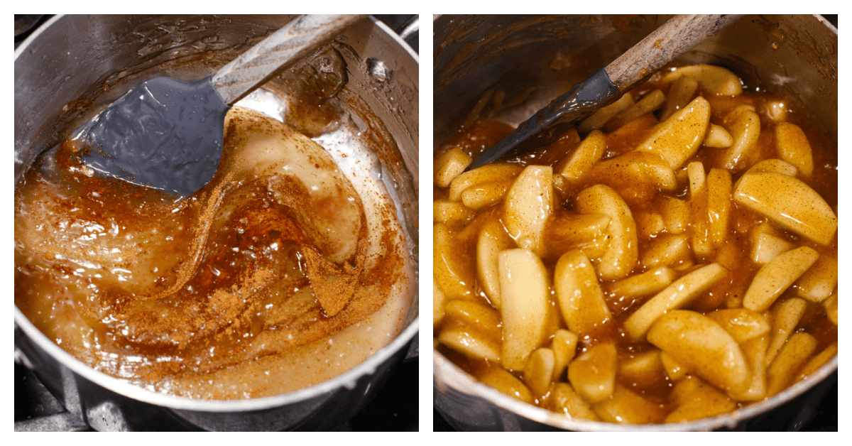 2-photo collage of sliced apples being combined with the sugar, spices and clearjel.