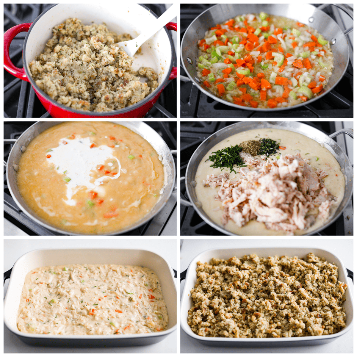 6-photo collage of the casserole being prepared by making the stuffing and creamy sauce.