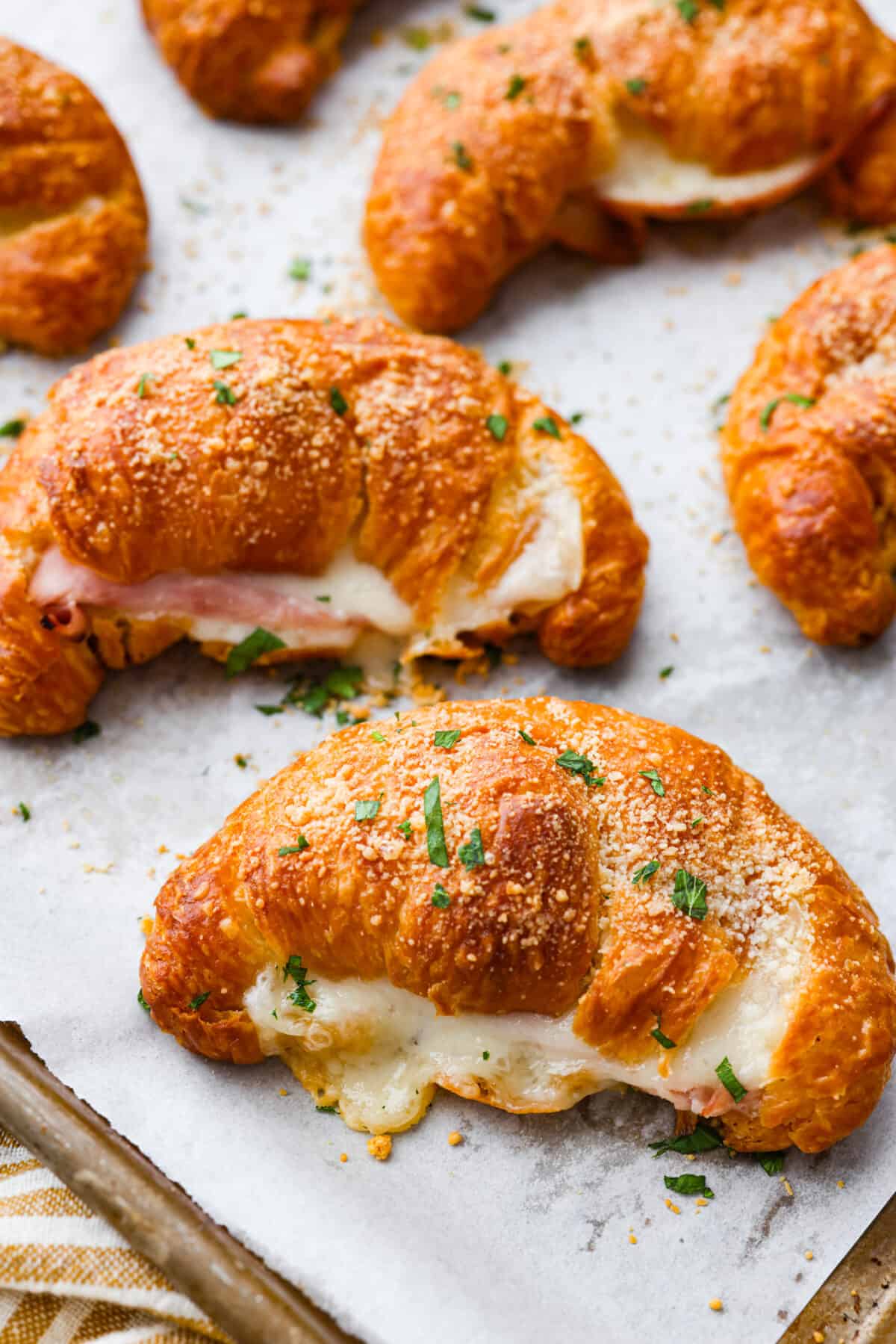 Close view of ham and cheese croissants on a baking sheet pan garnished with fresh parsley. 