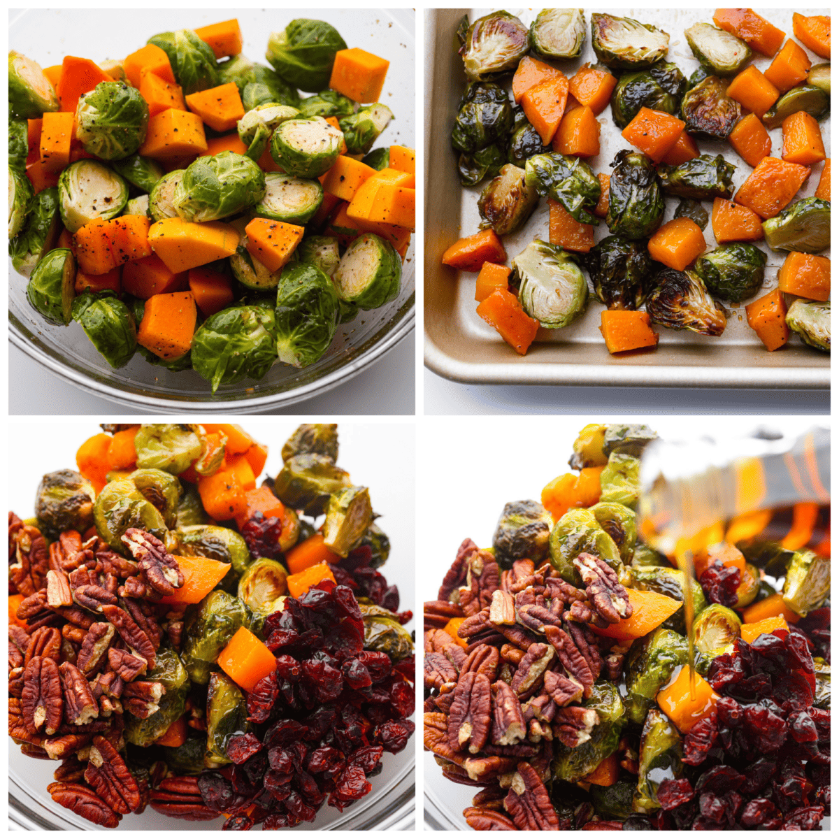 4-photo collage of the vegetables being roasted and combined with the other ingredients.
