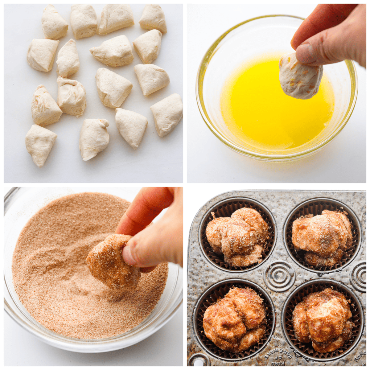 4-photo collage of biscuit pieces being dipped in a cinnamon sugar butter mixture.