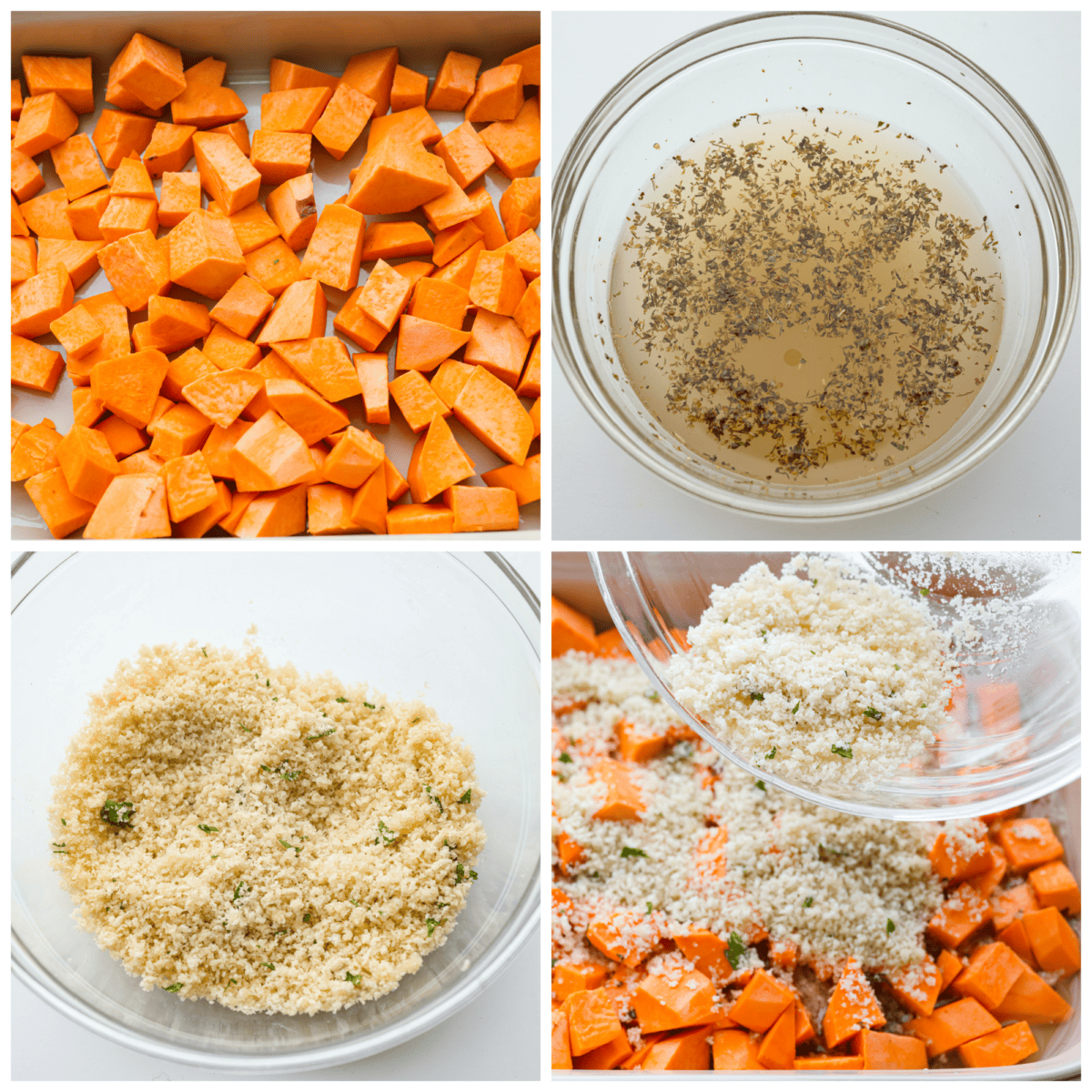4-photo collage of the sweet potatoes being prepared and covered with breadcrumbs.