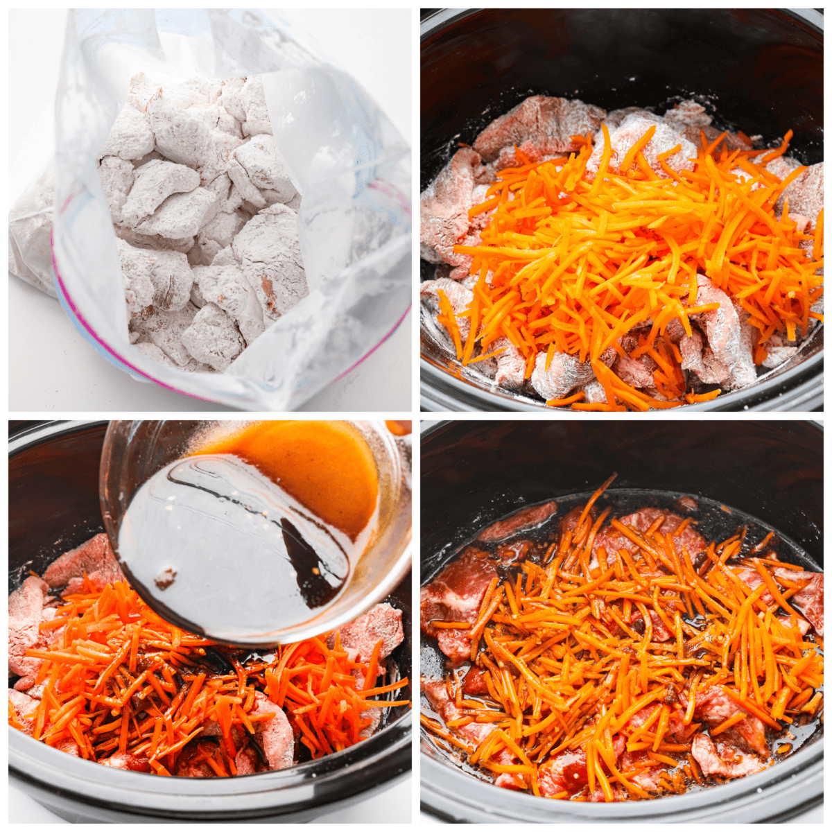 First photo of the beef and cornstarch tossed together in a plastic bag. Second photo of cornstarch coated beef and shredded carrots in a crockpot. Third photo of the sauce pouring in the crockpot. Fourth photo of the beef, carrots, and sauce in a crockpot.