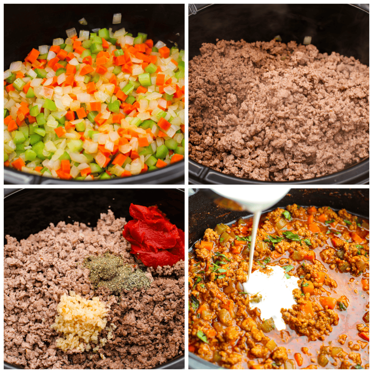 A collage of 4 pictures showing how to make the meat, saute the veggies and add them all into the crockpot. 