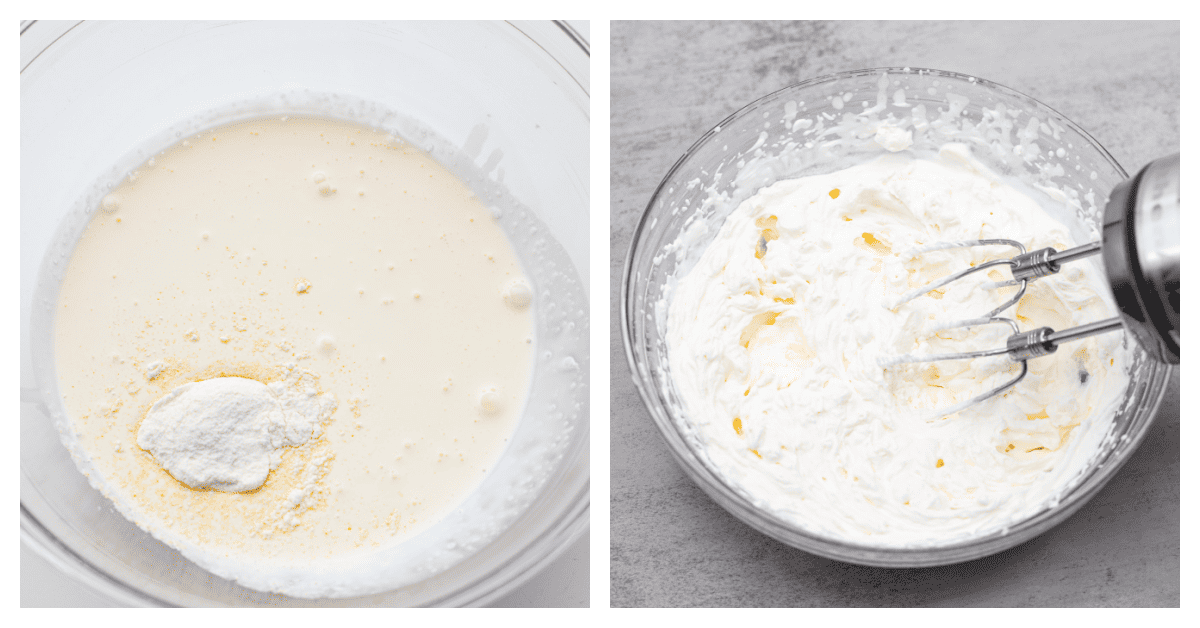 First photo of the cream, powdered sugar, and pudding powder in a glass bowl. Second photo of a hand mixer whipping the cream.