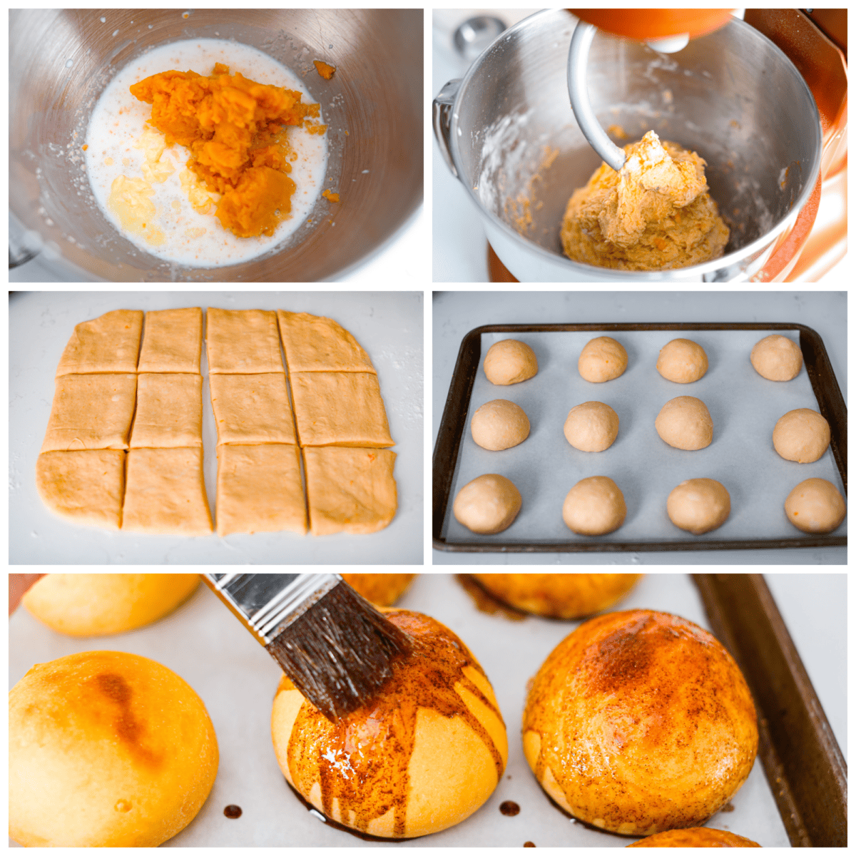 First photo of dough ingredients in the bowl of the stand mixer. Second photo of the dough mixed in a stand mixer. Third photo of dough cut into sections. Fourth photo of dough balls on a baking sheet pan ready to rise. Fifth photo of the glaze being brushed on a roll.