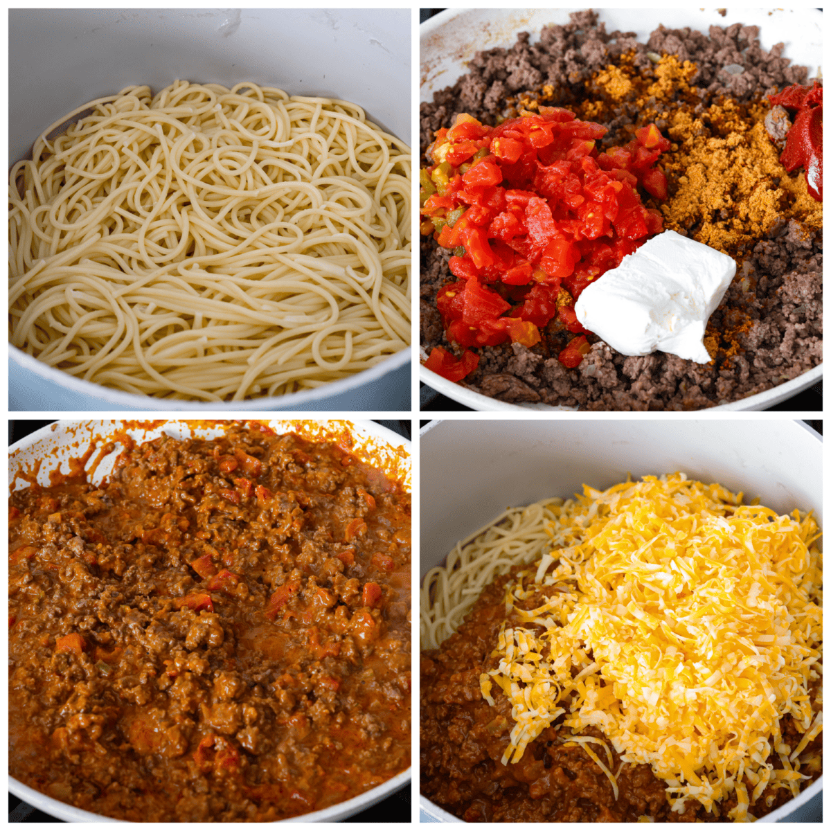 4-photo collage of the noodles being combined with the taco meat, cheese, and toppings.