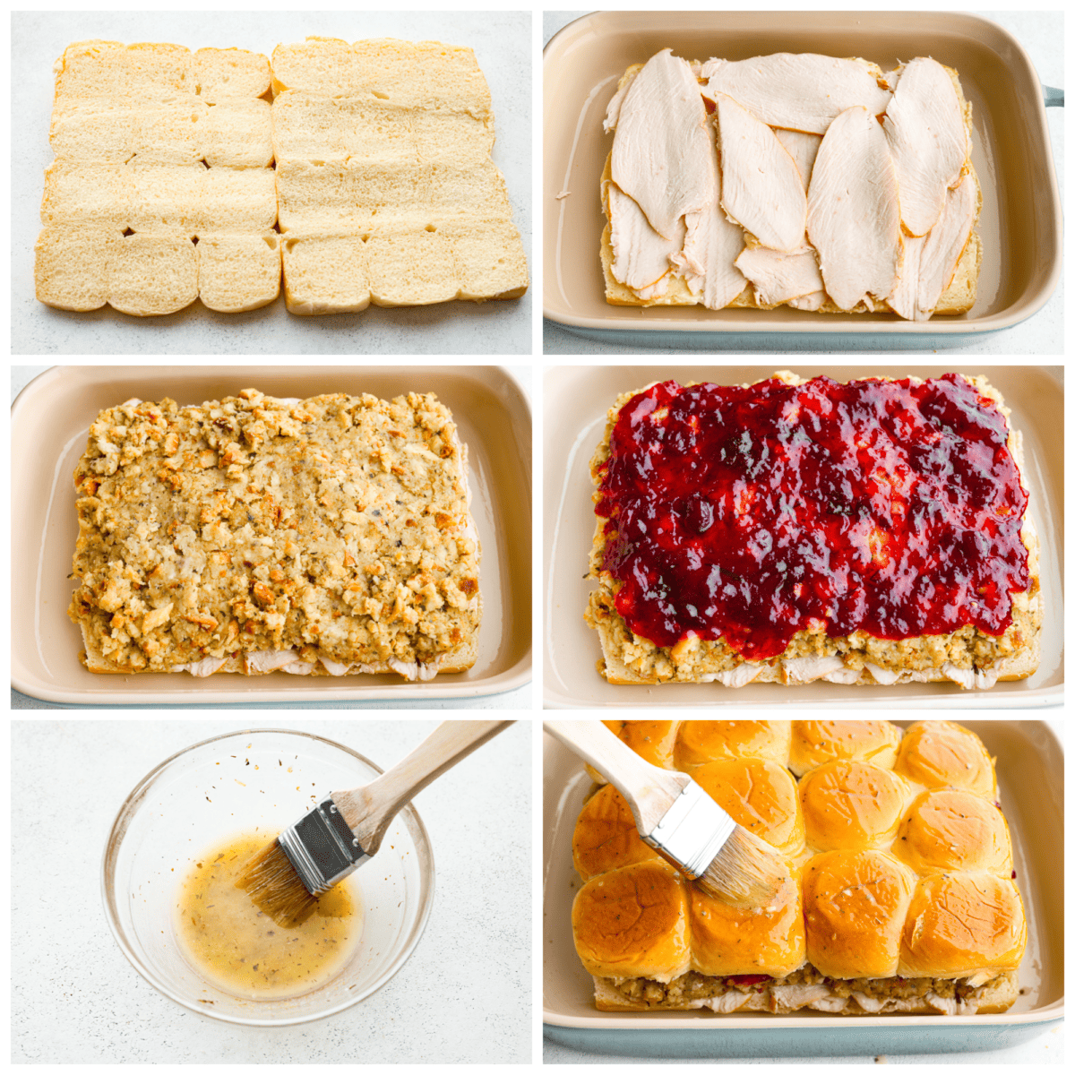 6-photo collage of Hawaiian rolls being layered with sliced turkey, stuffing, cranberry sauce, topped with the other half of the roll and then brushed with butter.