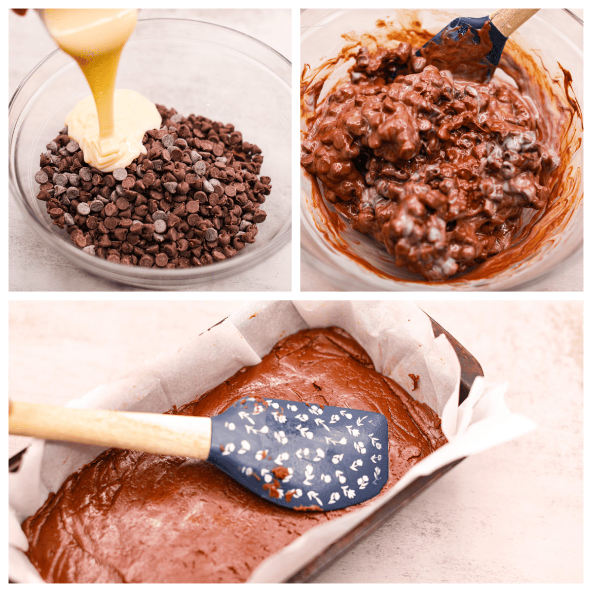 First photo of chocolate chips and sweetened condensed milk added to a bowl. Second photo of stiring the melted chocolate and condensed milk. Third photo of pressing the fudge into a pan.