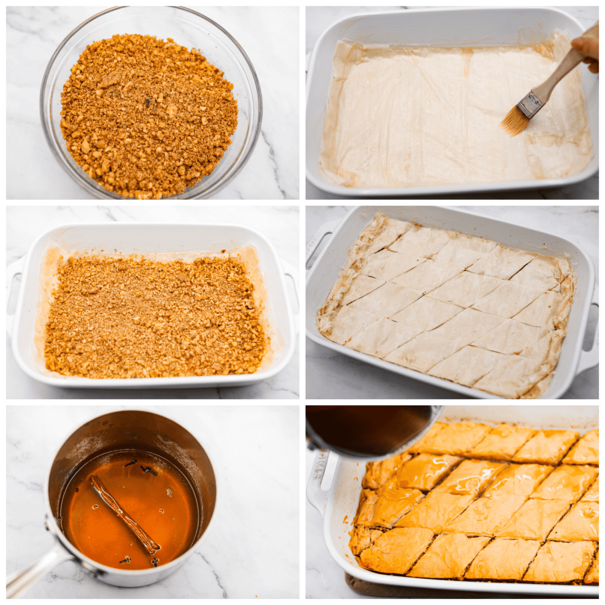 6-photo collage of the phyllo pastry and nut mixture being layered, then coated in honey syrup.