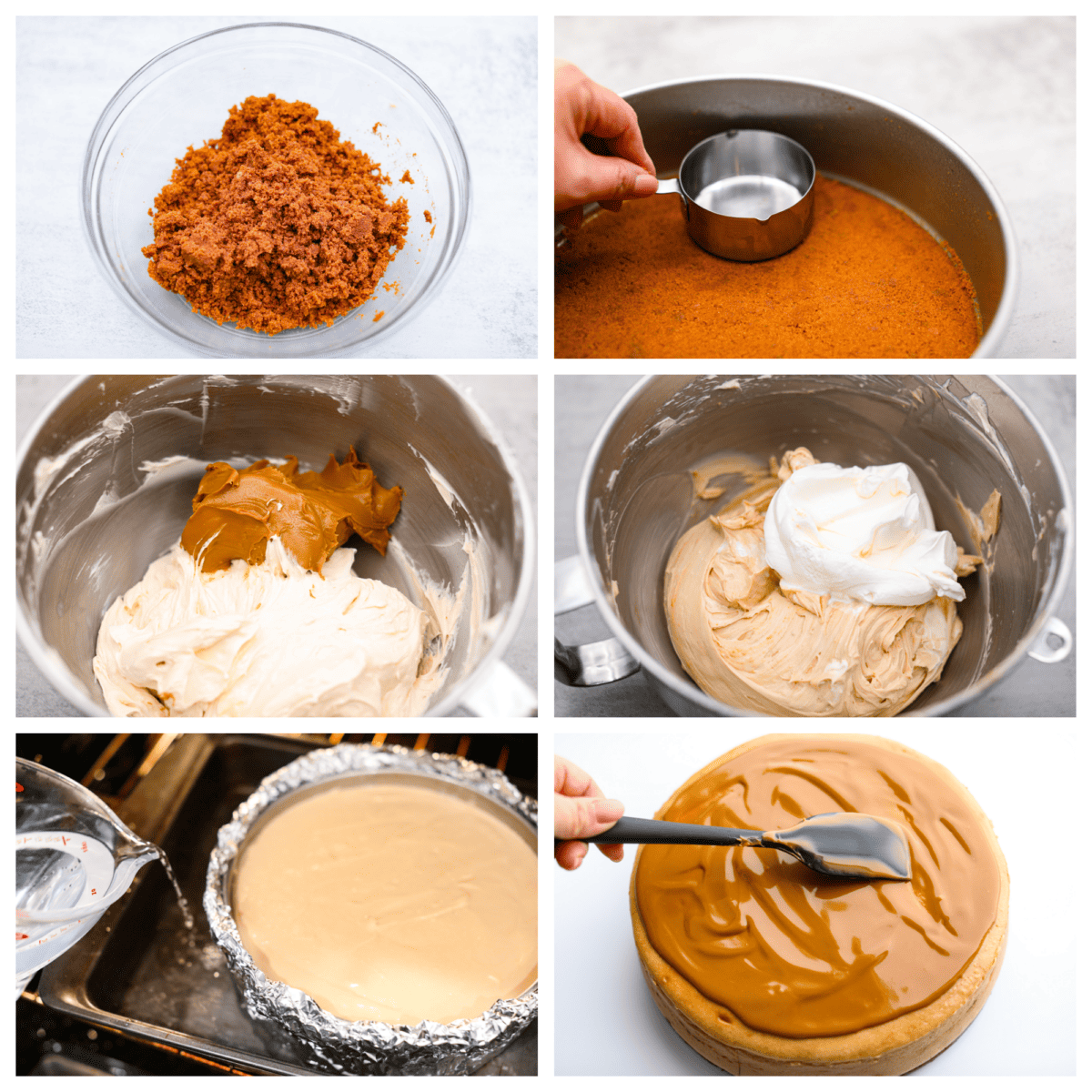 6-photo collage of the crust, cheesecake filling, and topping being prepared.