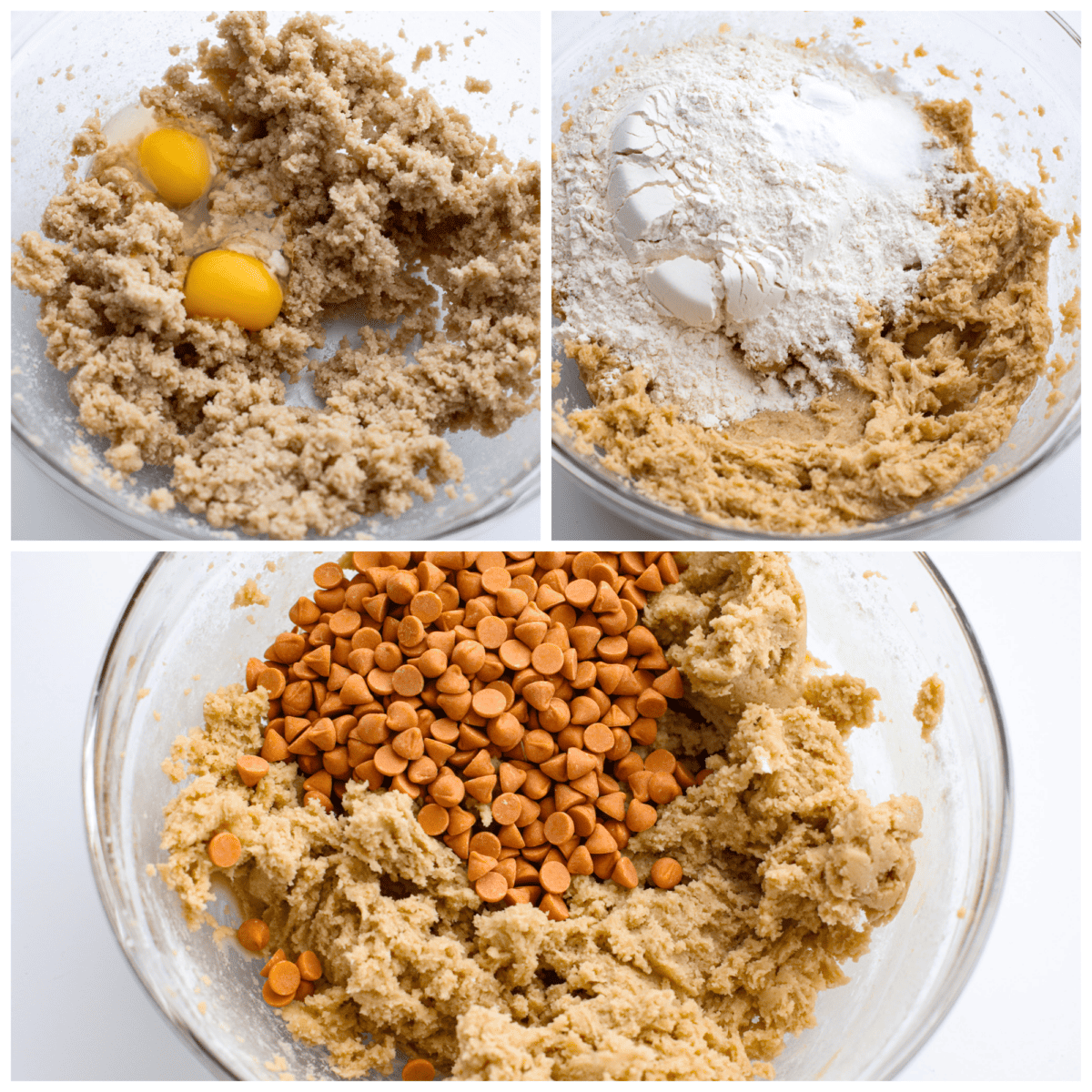 3 collage pictures showing how to make butterscotch cookie dough. 