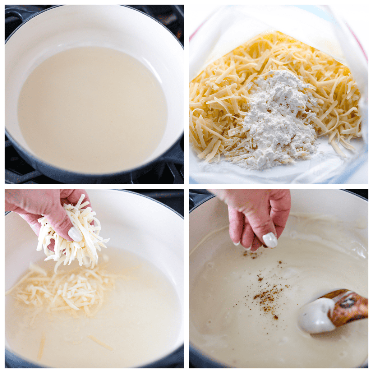 4-photo collage of all of the cheese fondue ingredients being added to a skillet.