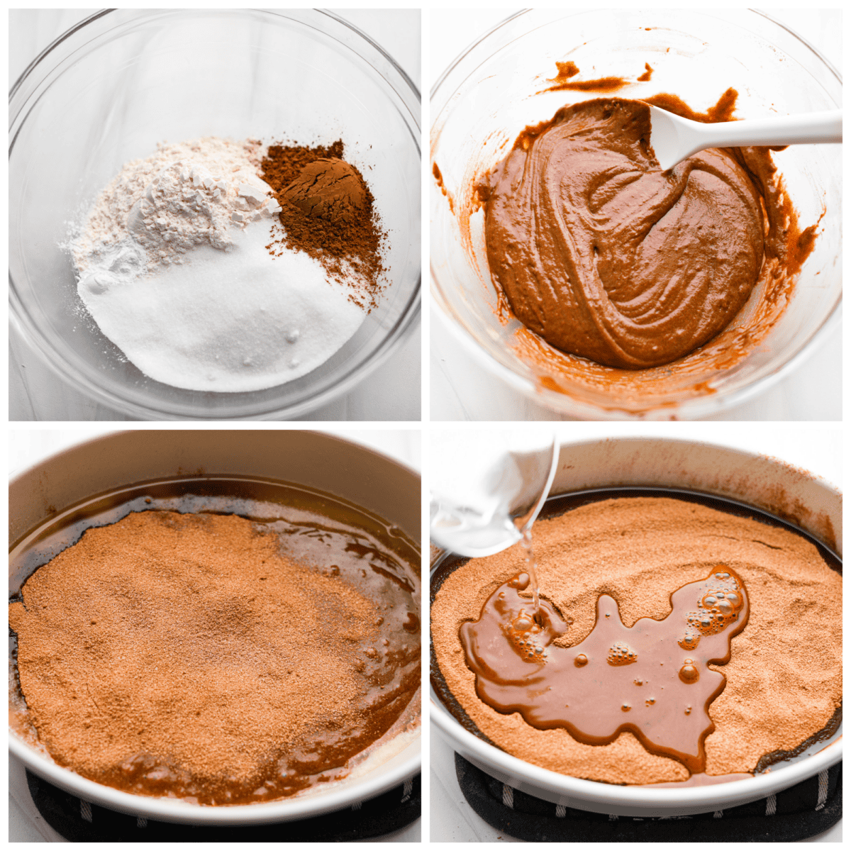 4 pictures showing the process of making the batter for chocolate cobbler. 