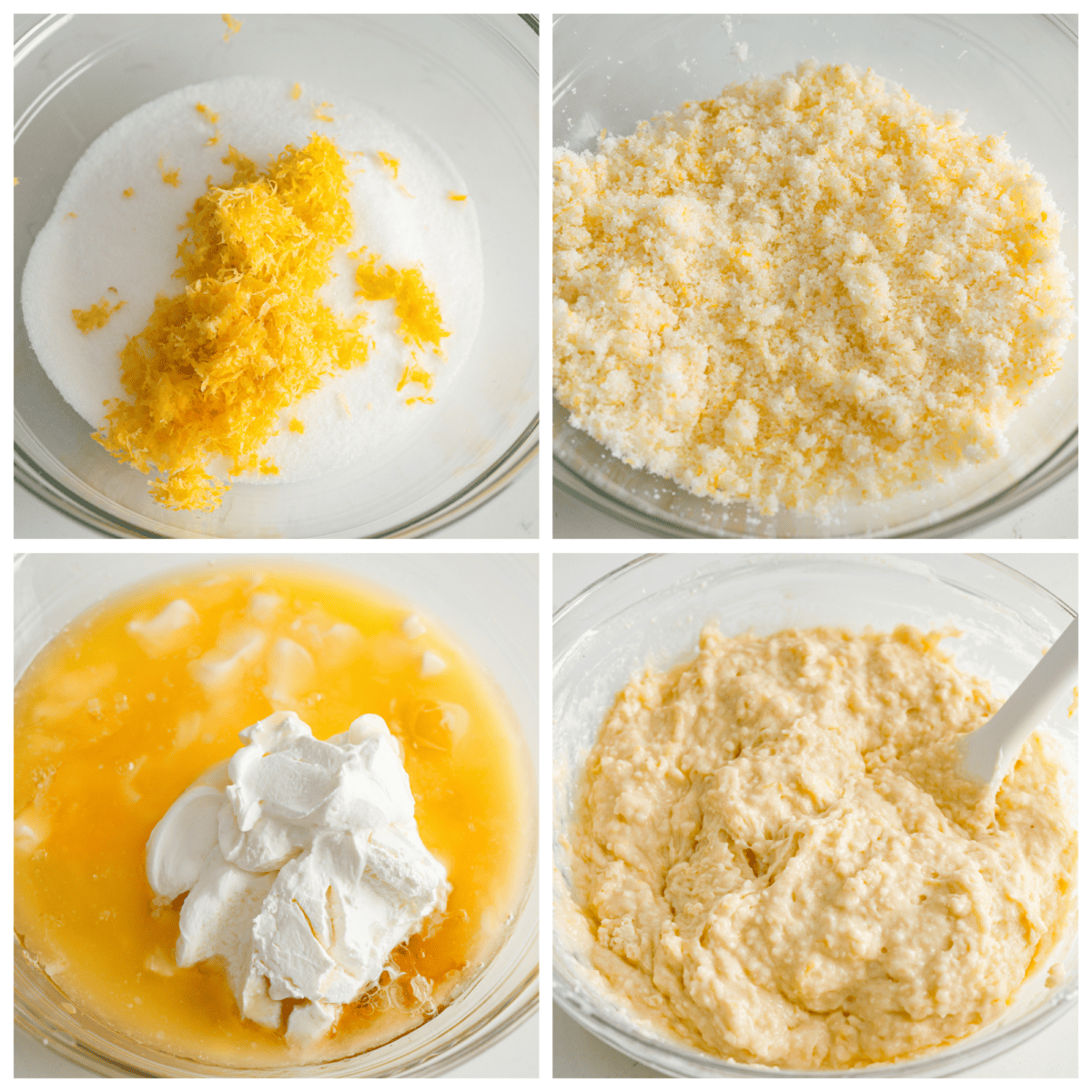 A collage of 4 pictures showing how to make the batter for lemon oaf. 
