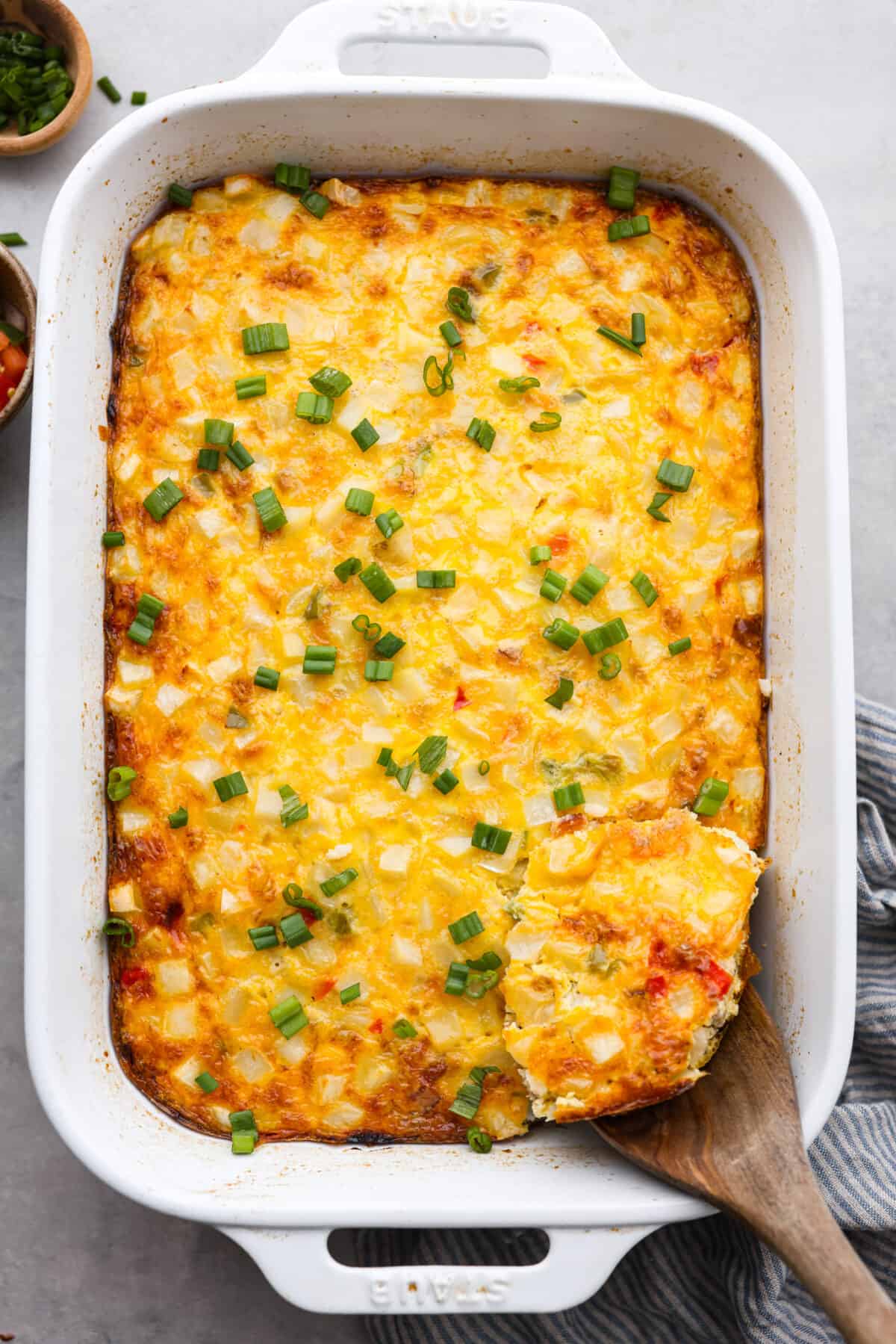 Top-down view of a baked breakfast casserole.