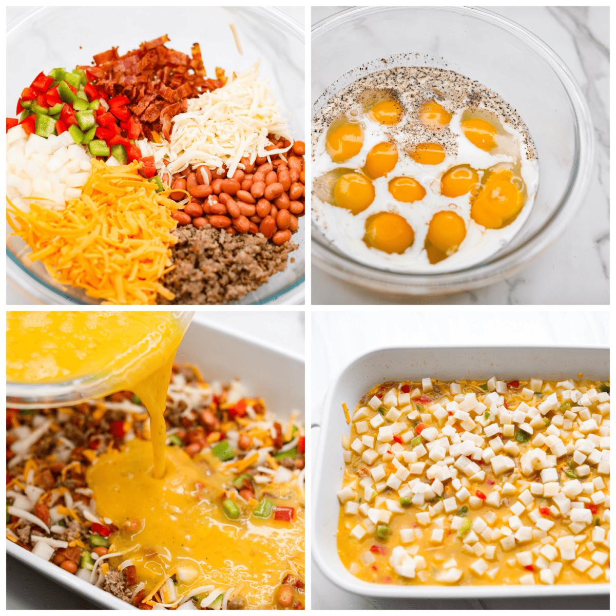 4-photo collage of the cowboy breakfast casserole ingredients being combined.