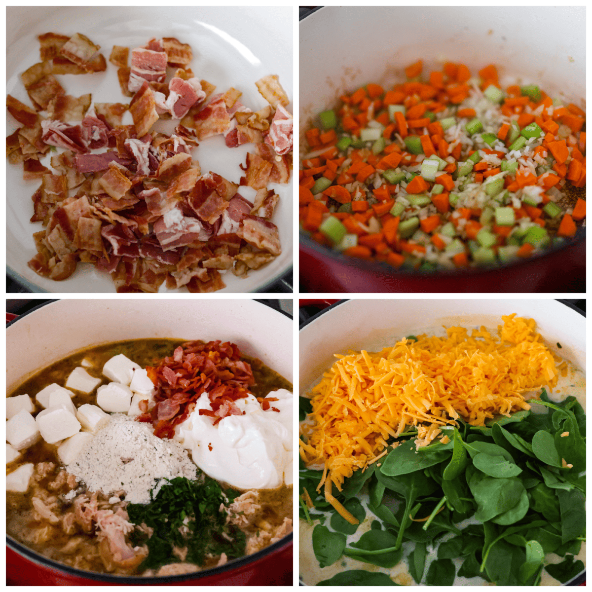 First photo of bacon cooking in a pot. Second photo of veggies cooking in the pot. Third photo of cream cheese, sour cream, ranch seasoning, and cooked bacon added to the pot. Fourth photo of cheese and spinach added to the pot.