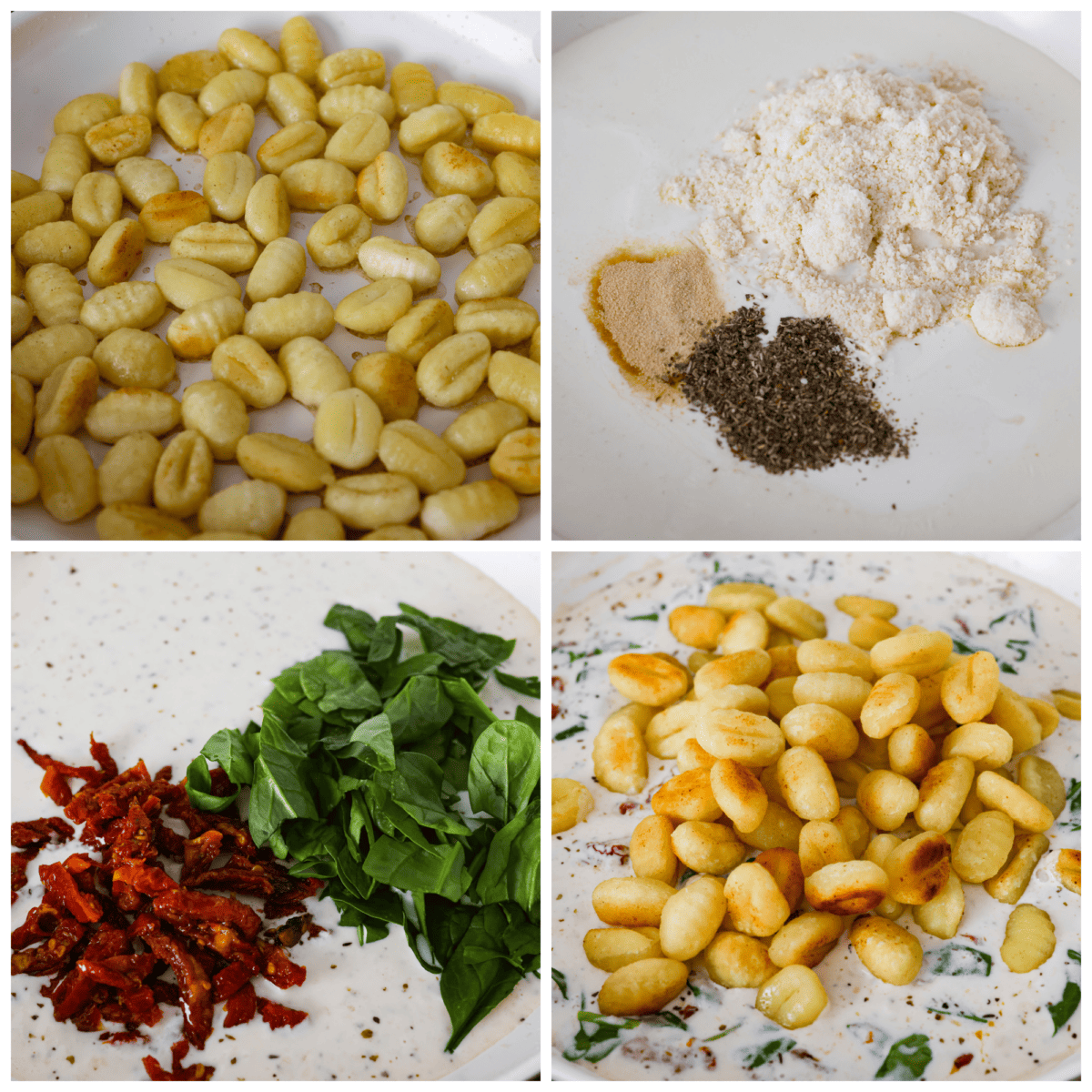 4-photo collage of the gnocchi being cooked, and the sauce ingredients being mixed together.