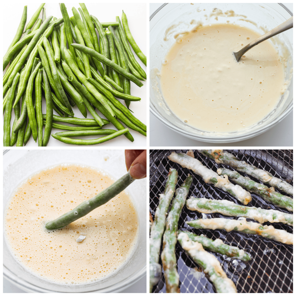 4 pictures showing how to add batter to the green beans and fry them. 