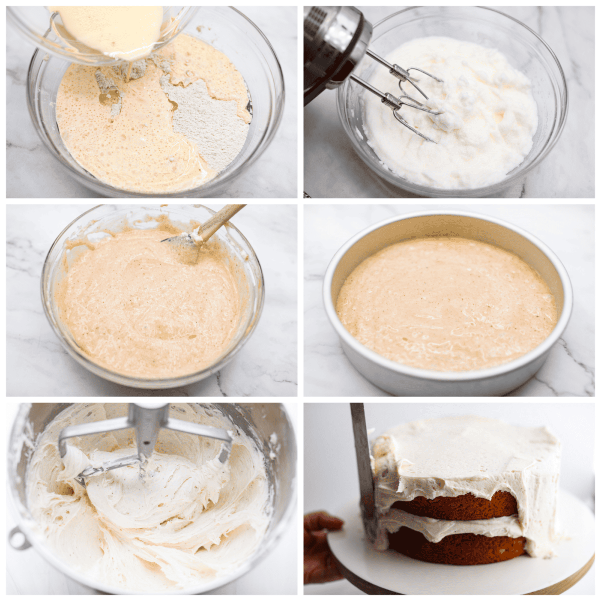 First photo of the wet ingredients combining with the dry ingredients. Second photo of the egg whites being whipped. Third photo of the egg whites folded into the batter. Fourth photo of the batter in a cake pan. Fifth photo of the buttercream mixed in a stand mixer. Sixth photo of the cake layers being frosted. 