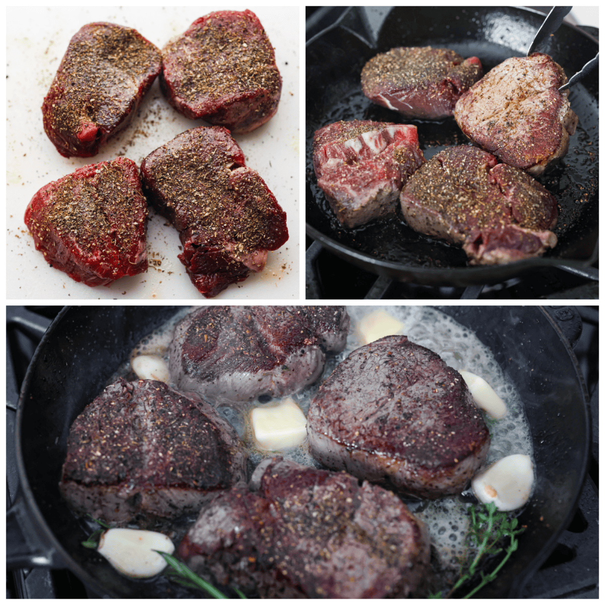 First photo of seasoned filets. Second photo of the filets searing in a pan. Third photo of the butter, garlic, and herbs added to the skillet.