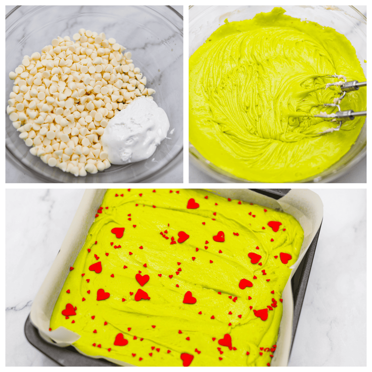 3 pictures showing how to mix ingredients, add food coloring and pour into a pan to set. 