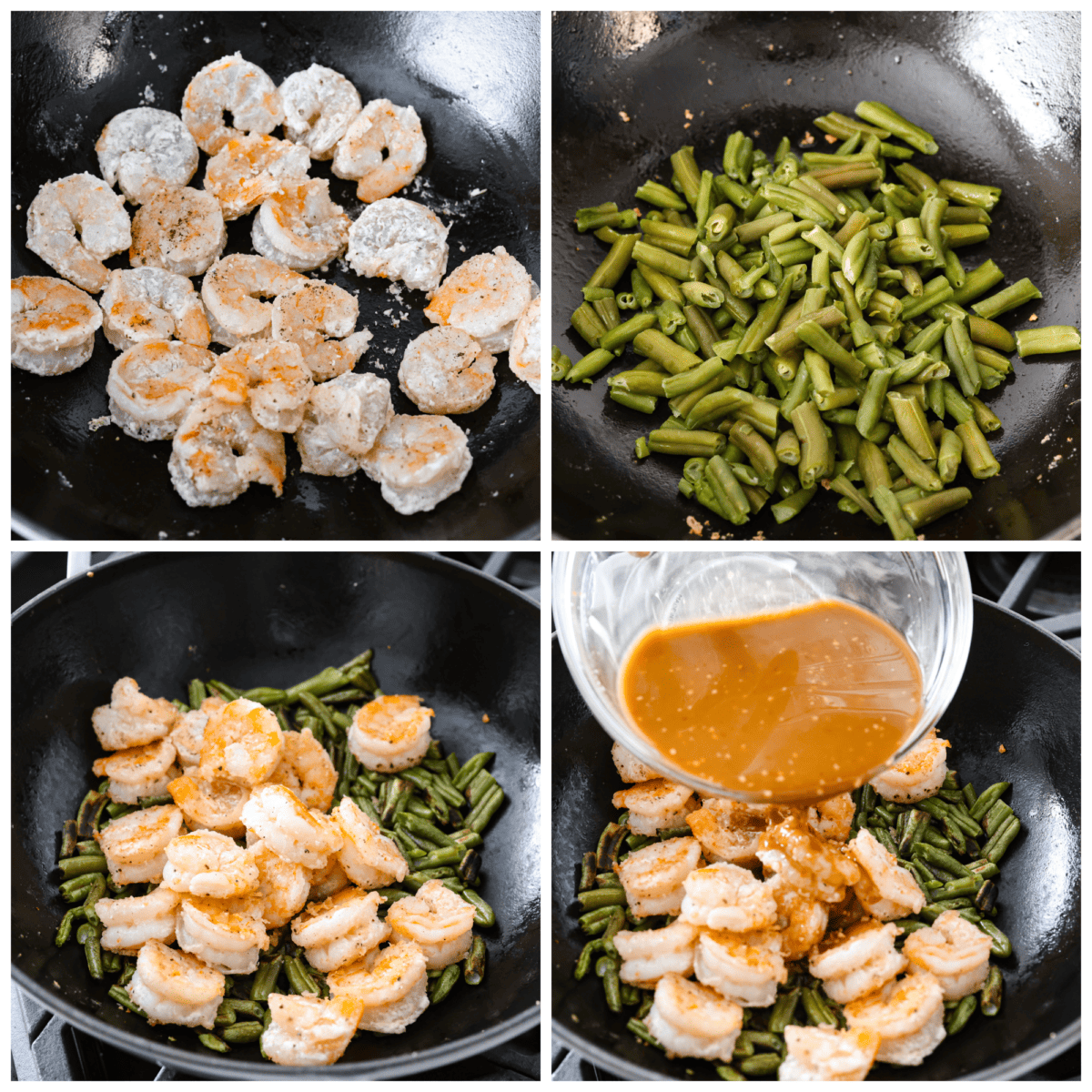 4-photo collage of the shrimp and vegetables being cooked, then tossed in a homemade sauce.