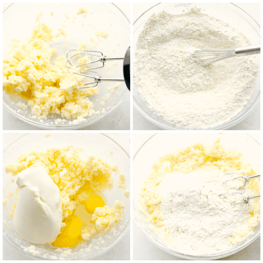 4 pictures in a collage showing how to mix the dough. 