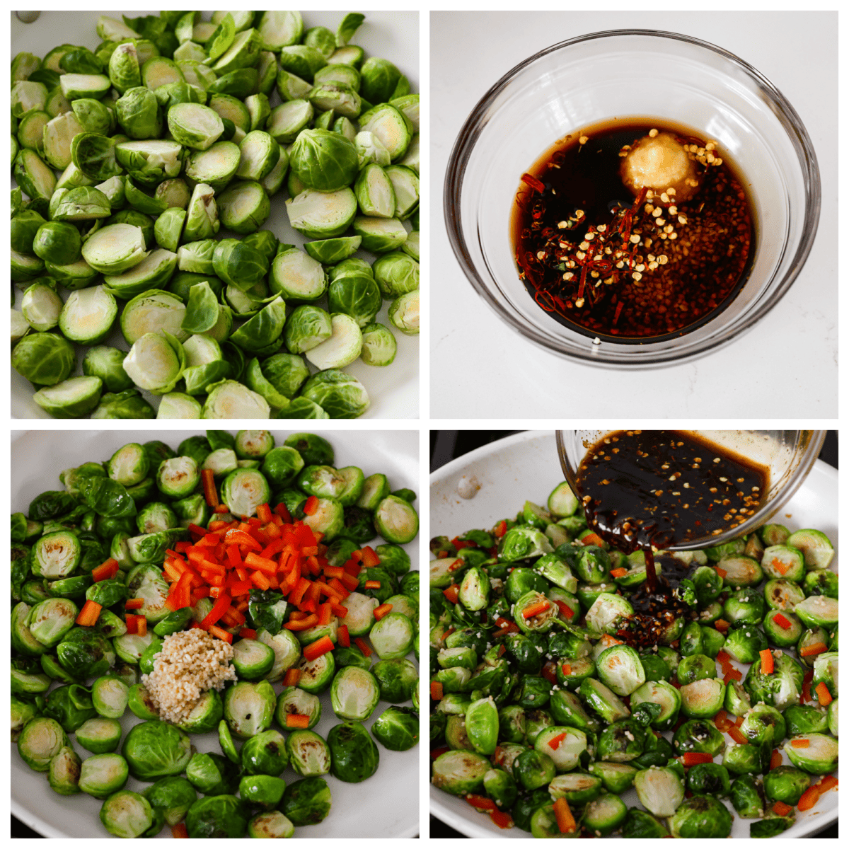 4-photo collage of the Brussels sprouts being sautéed and covered in the homemade sauce.