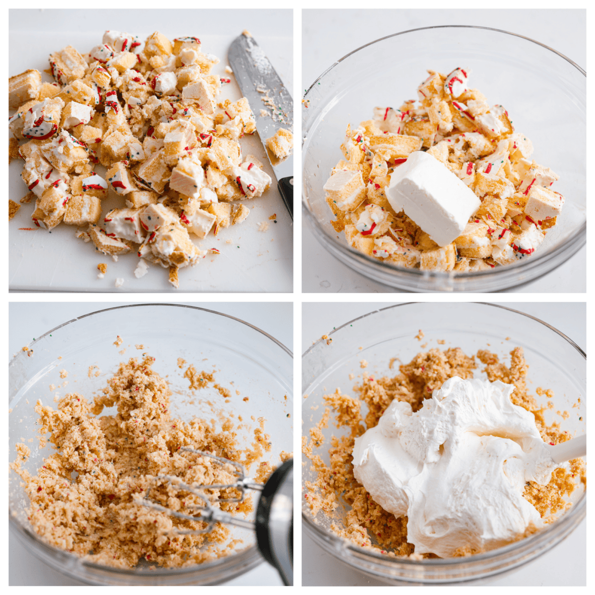 4-photo collage of the snack cakes being chopped up and mixed with the cream cheese and whipped topping.