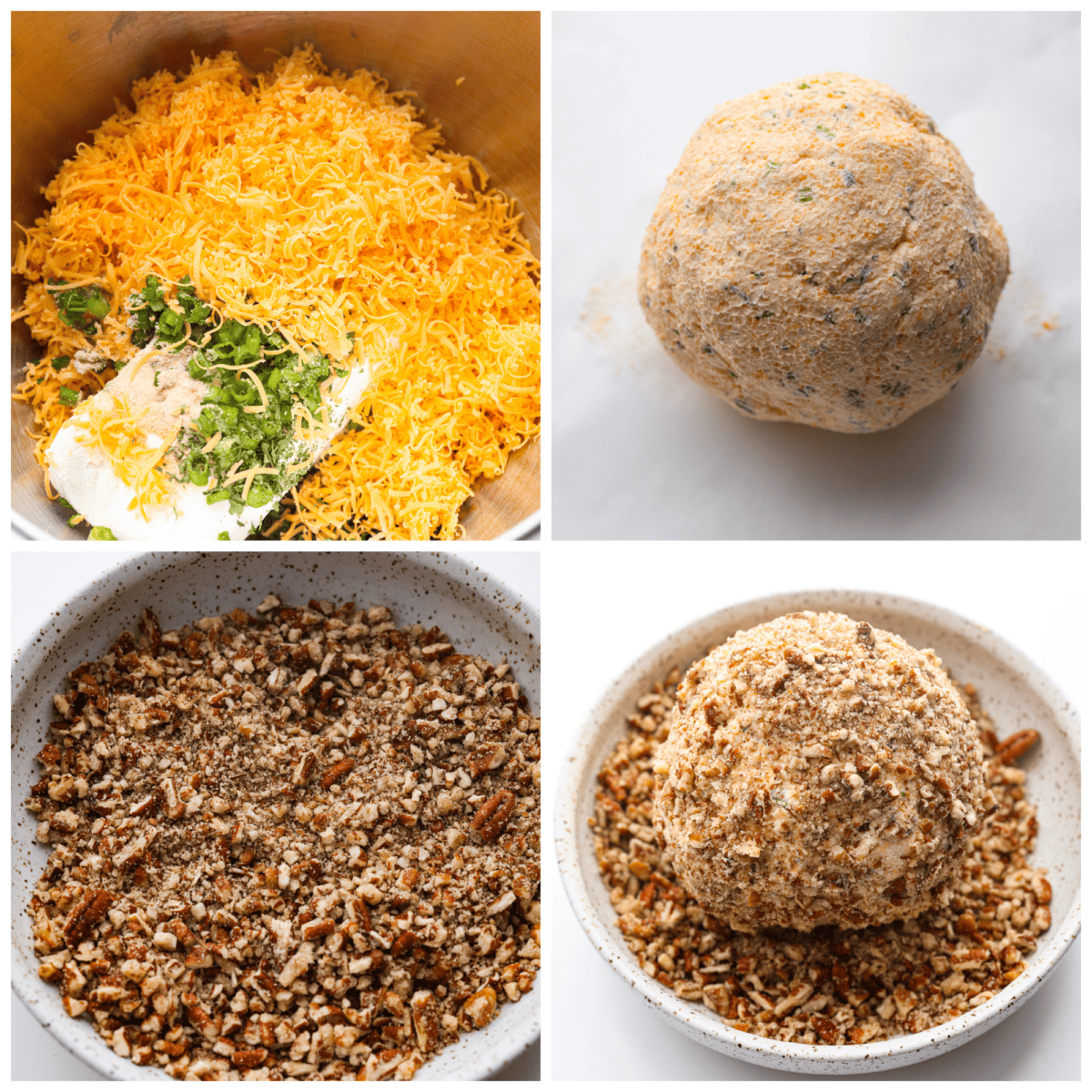 4-photo collage of the cheese ball being prepared and rolled in pecans.