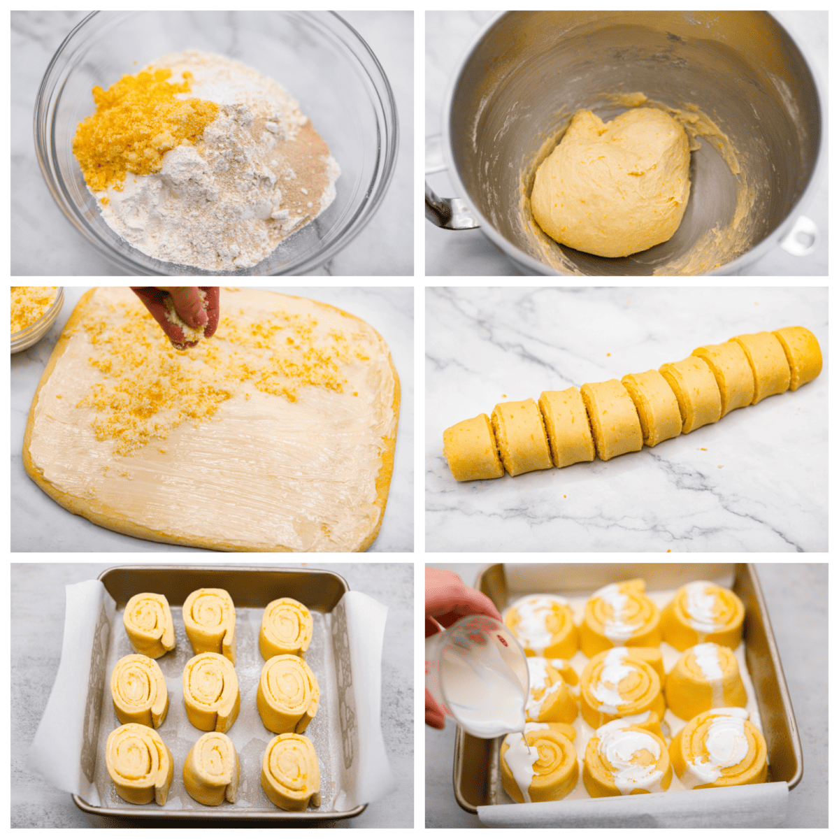 6 picture sin a collage showing how to make orange rolls. 