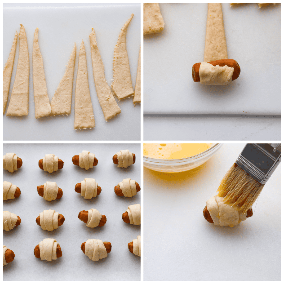 4-photo collage of hot dogs being wrapped in crescent roll dough, then brushed with butter.