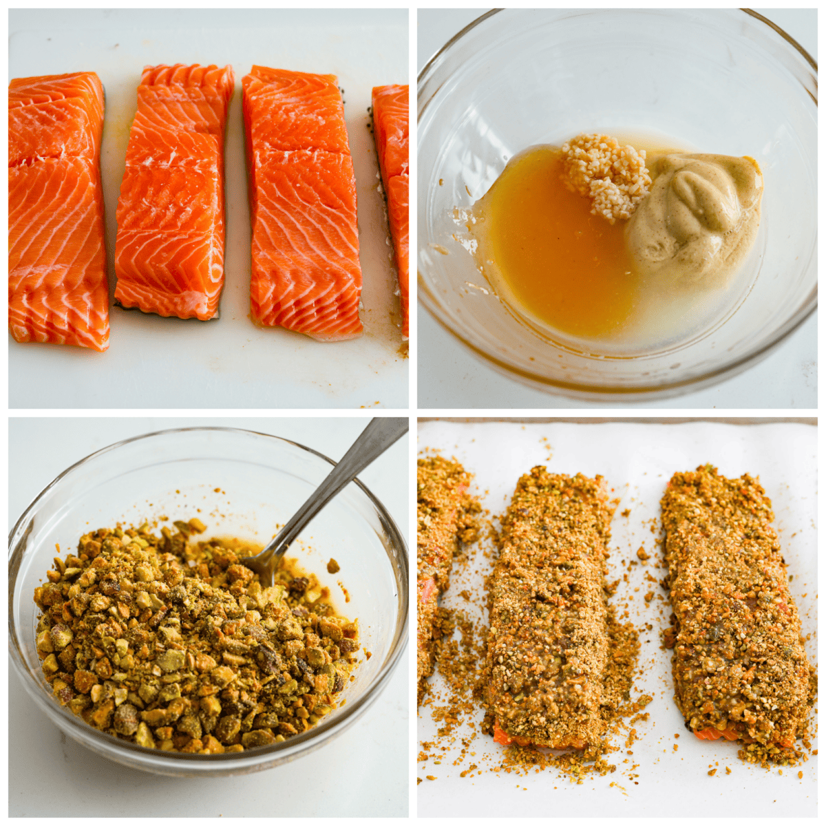 4-photo collage of the salmon filets and pistachio topping being prepared.