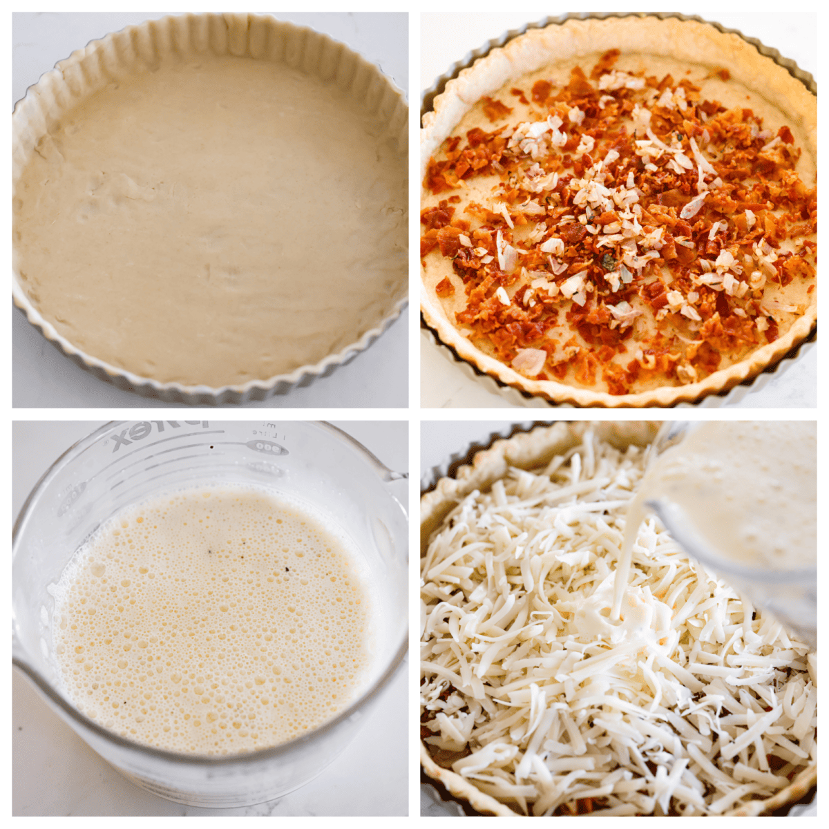 4-photo collage of the quiche mixture being added to a pie crust.