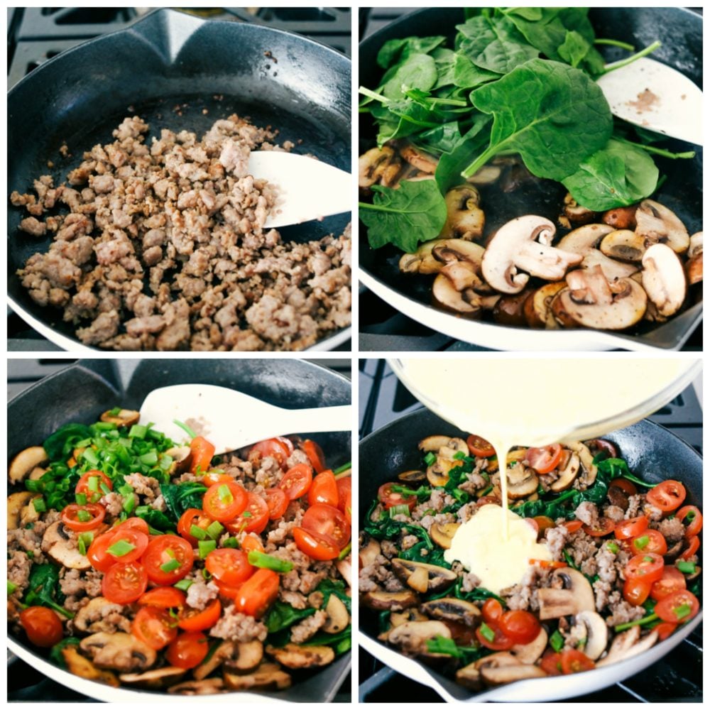 The process of making a sausage and mushroom frittata starting with cooking ground sausage in a skillet, adding spinach and mushrooms then cooking with tomatoes and eggs poured over top in a skillet. 