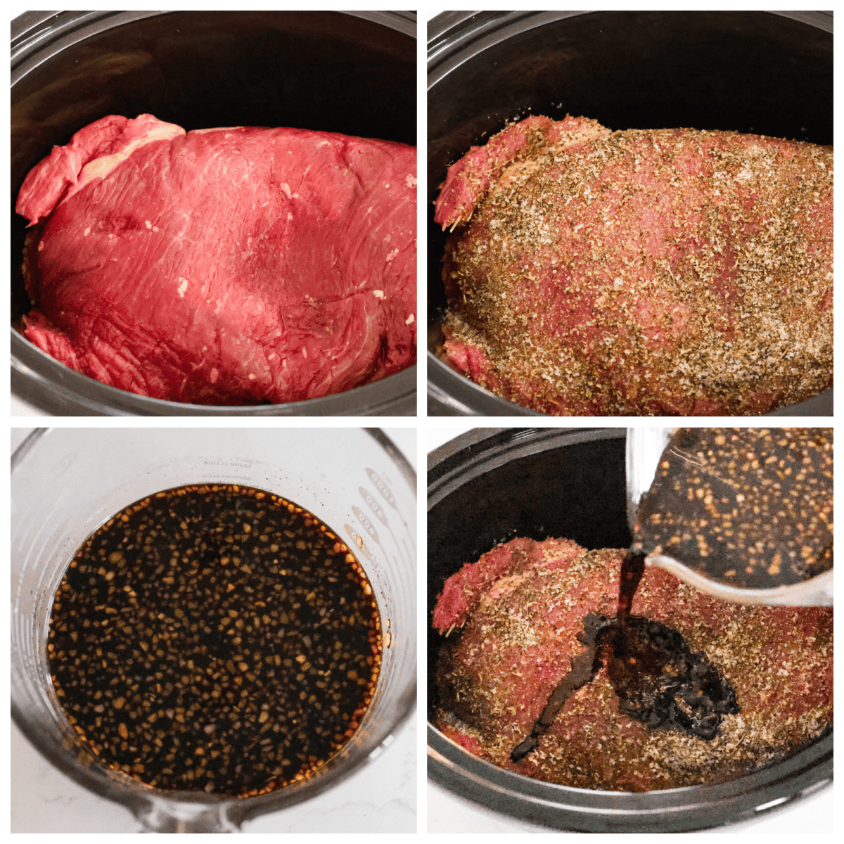 4-photo collage of the beef being added to a Crockpot and covered with homemade balsamic sauce.