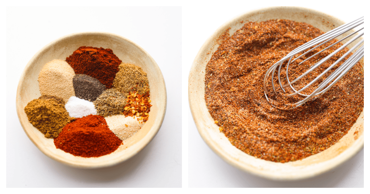 First photo of the spices measured and added to a bowl. Second photo of a whisk mixing the spices together in the bowl.