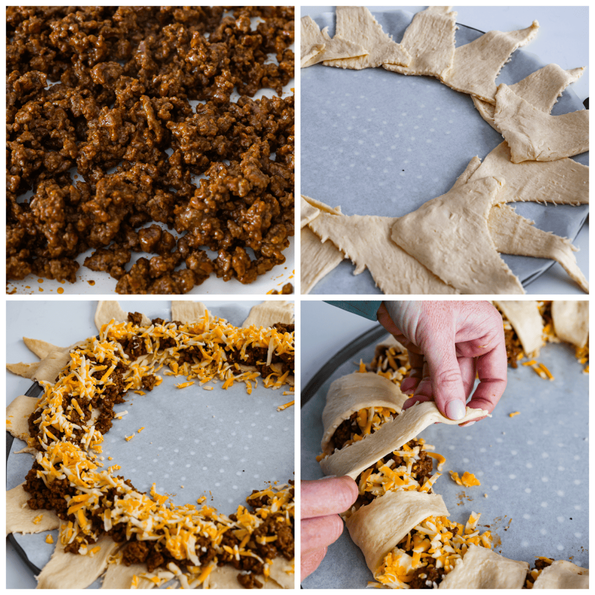 4-photo collage of the ground beef and crescent roll dough being prepared.