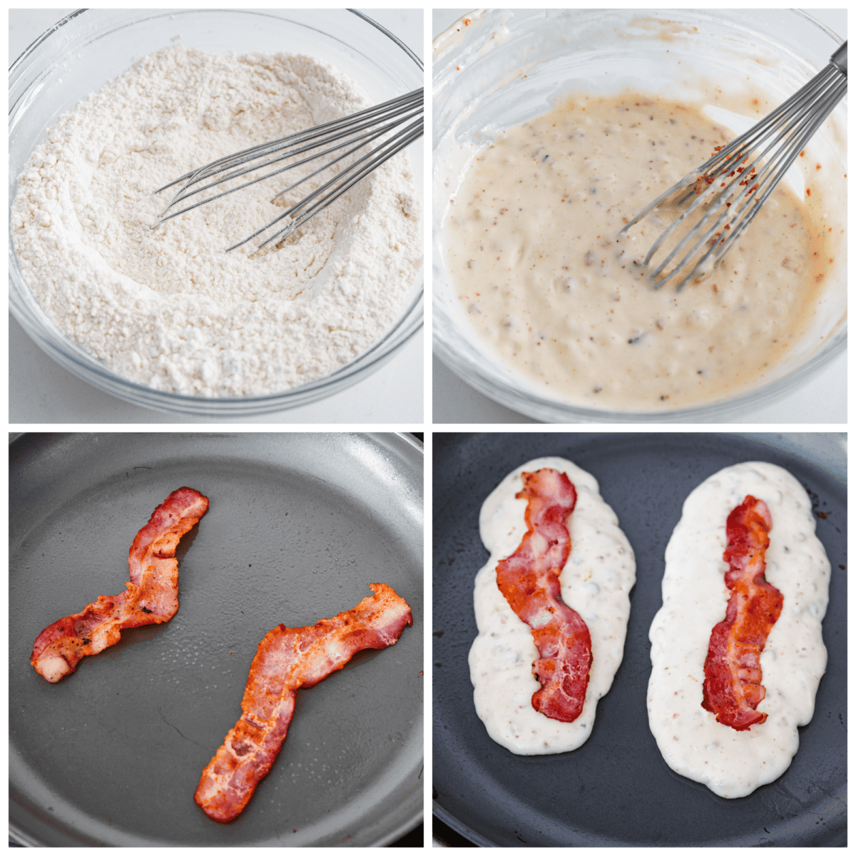 4-photo collage of the batter being mixed up and cooked on a pan with the bacon.