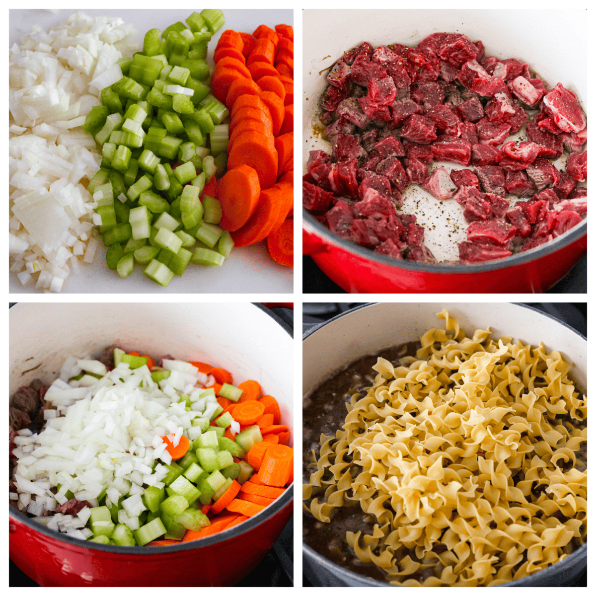 4-photo collage of vegetables, beef chunks, and noodles being added to a large pot.